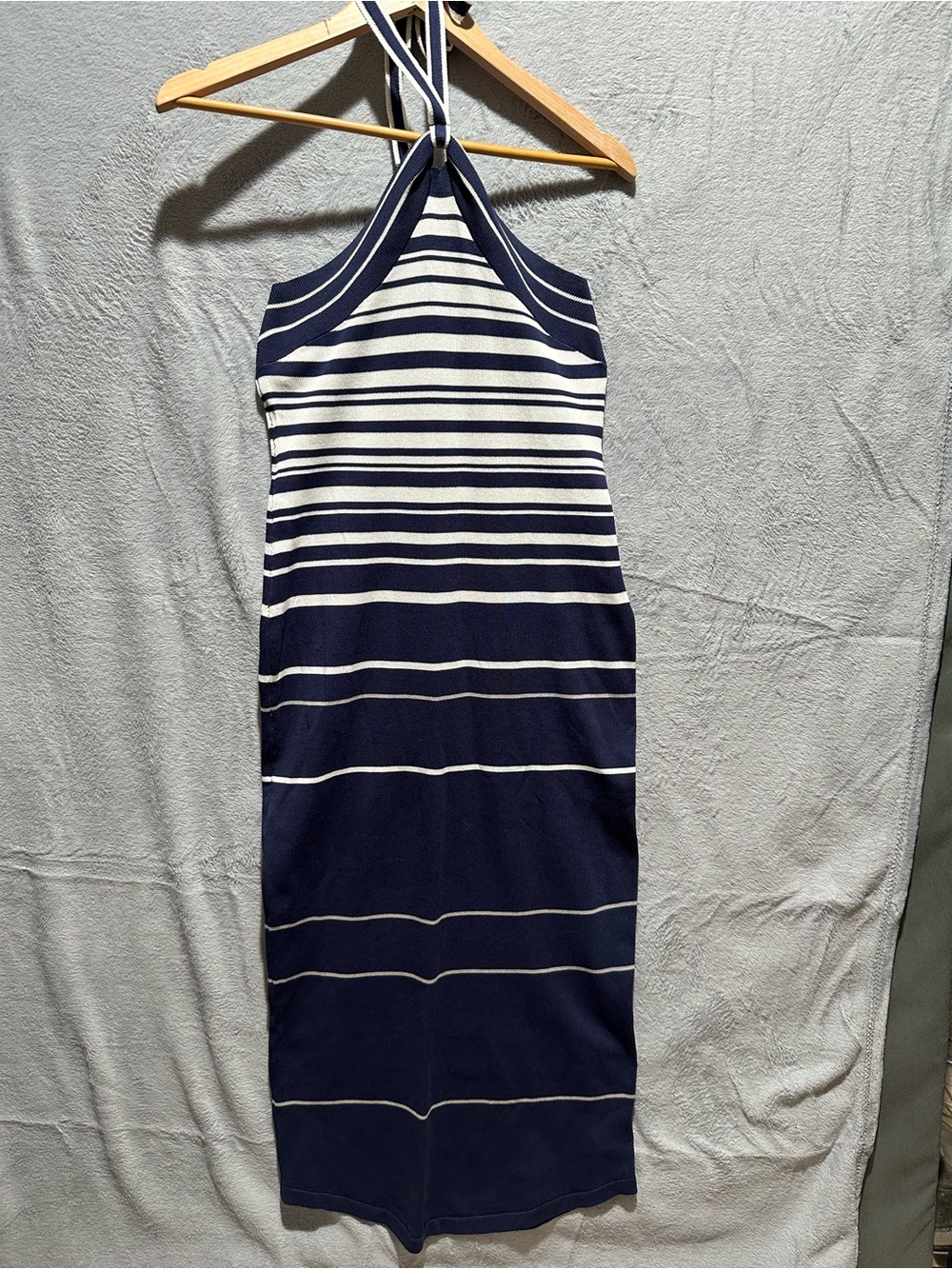 NWT Cupshe Navy & White Striped Knit Halter Neck Midi Dress Size S